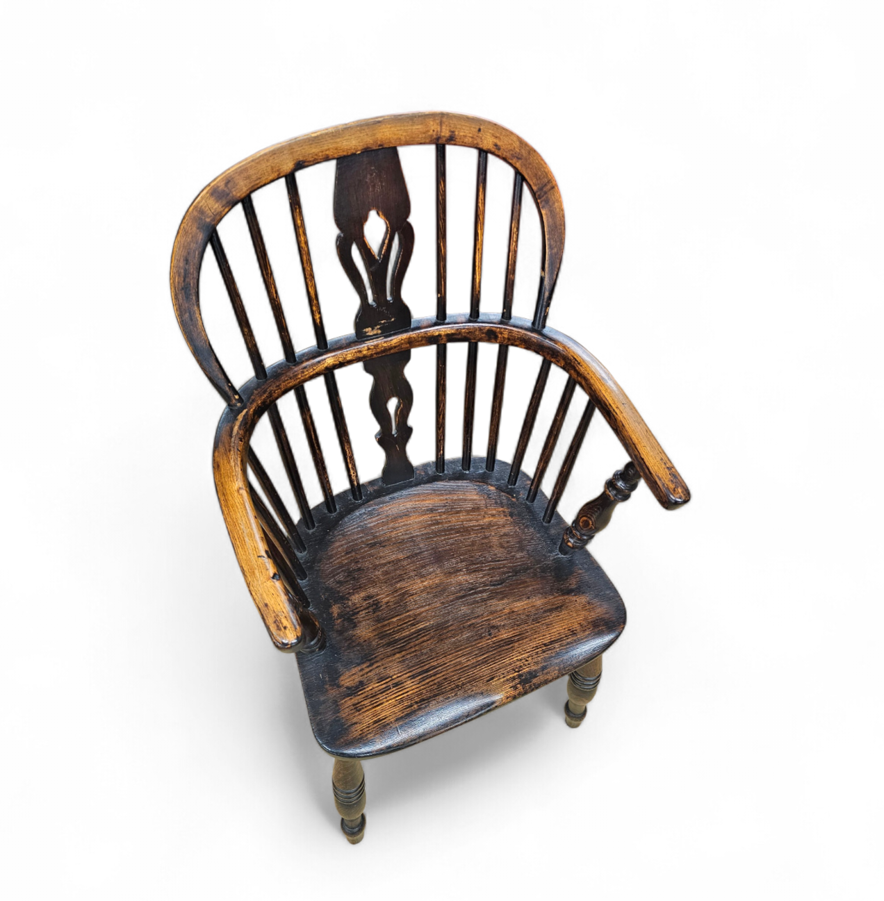 4 x Antique Windsor 2 Low / 2 high Spindle Back Arm Chair In Elm Wood / 19th Century