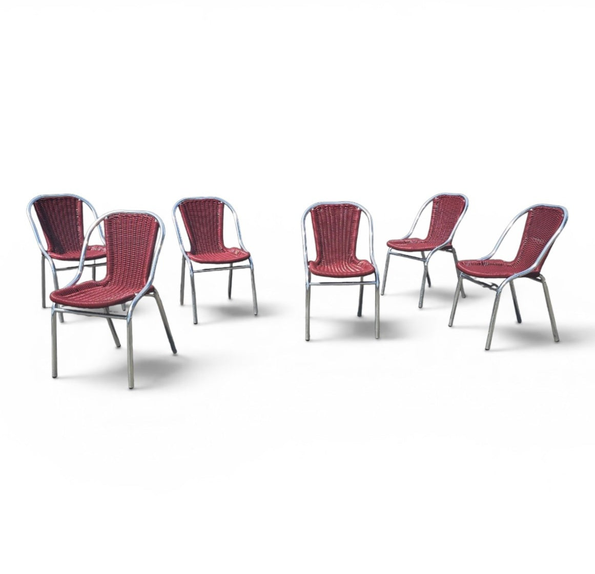 6 x red aluminum inside / outsite chair featuring synthetic weave (wicker/rattan look) 1980s