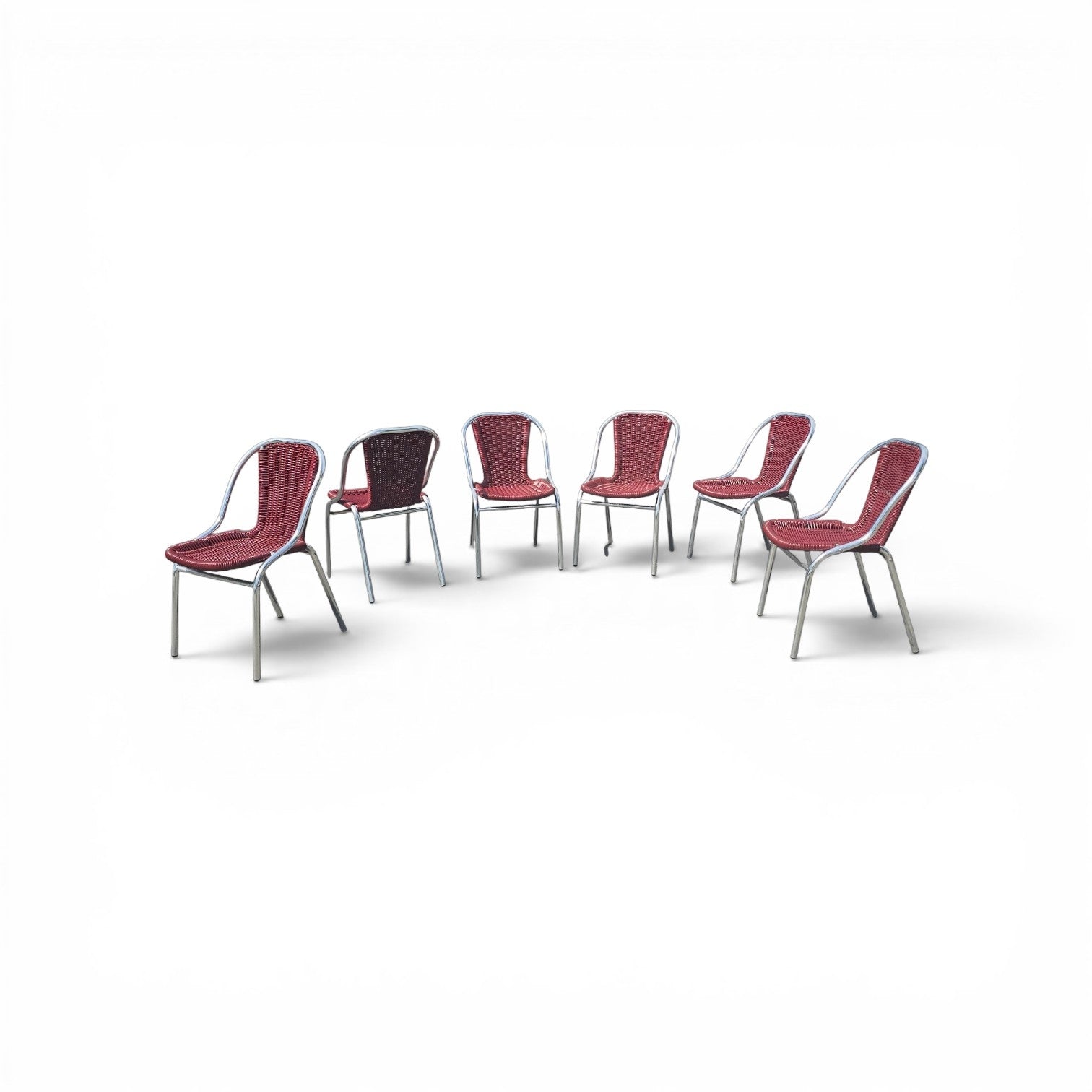 6 x red aluminum inside / outsite chair featuring synthetic weave (wicker/rattan look) 1980s