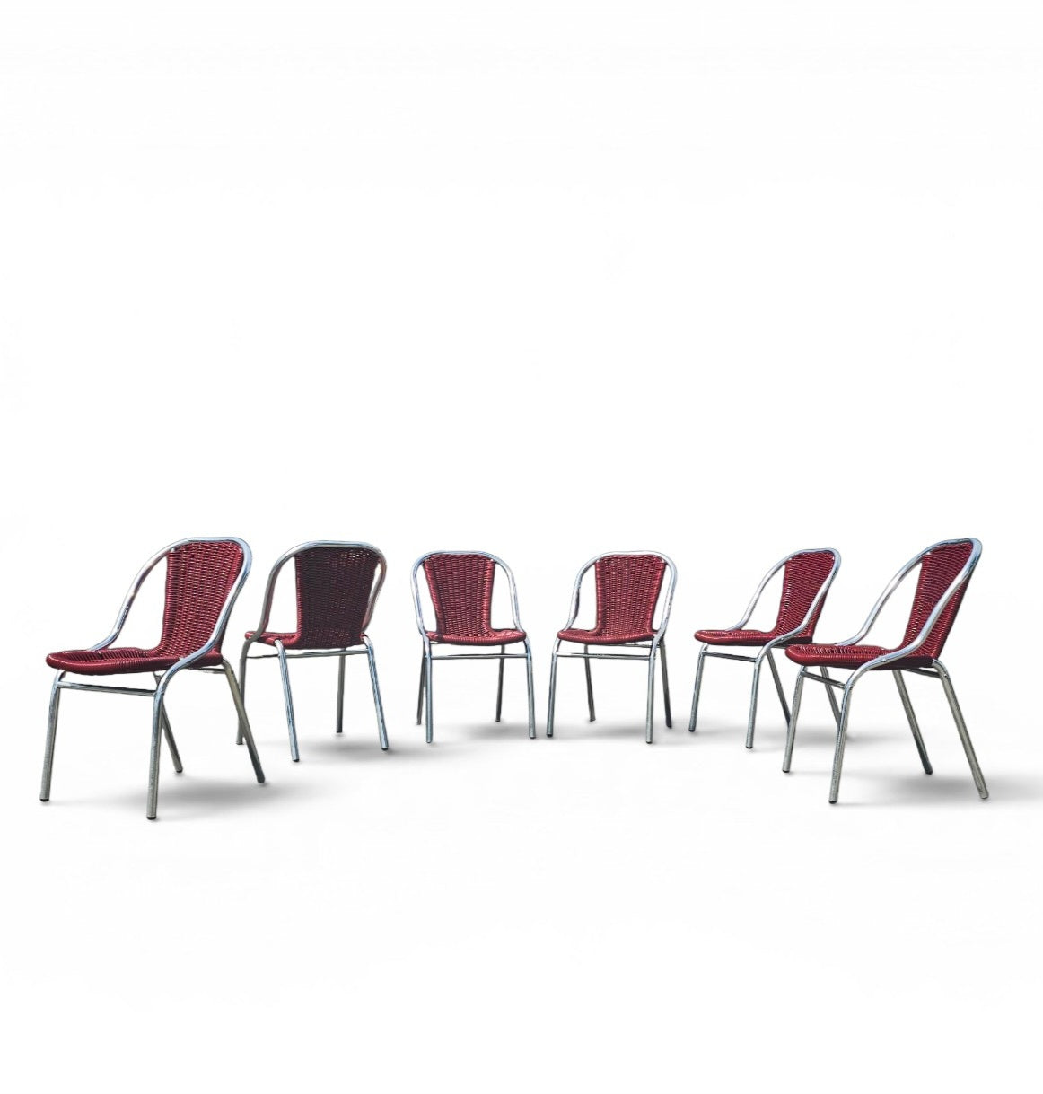 6 x red aluminum inside / outsite chair featuring synthetic weave (wicker/rattan look) 1980s