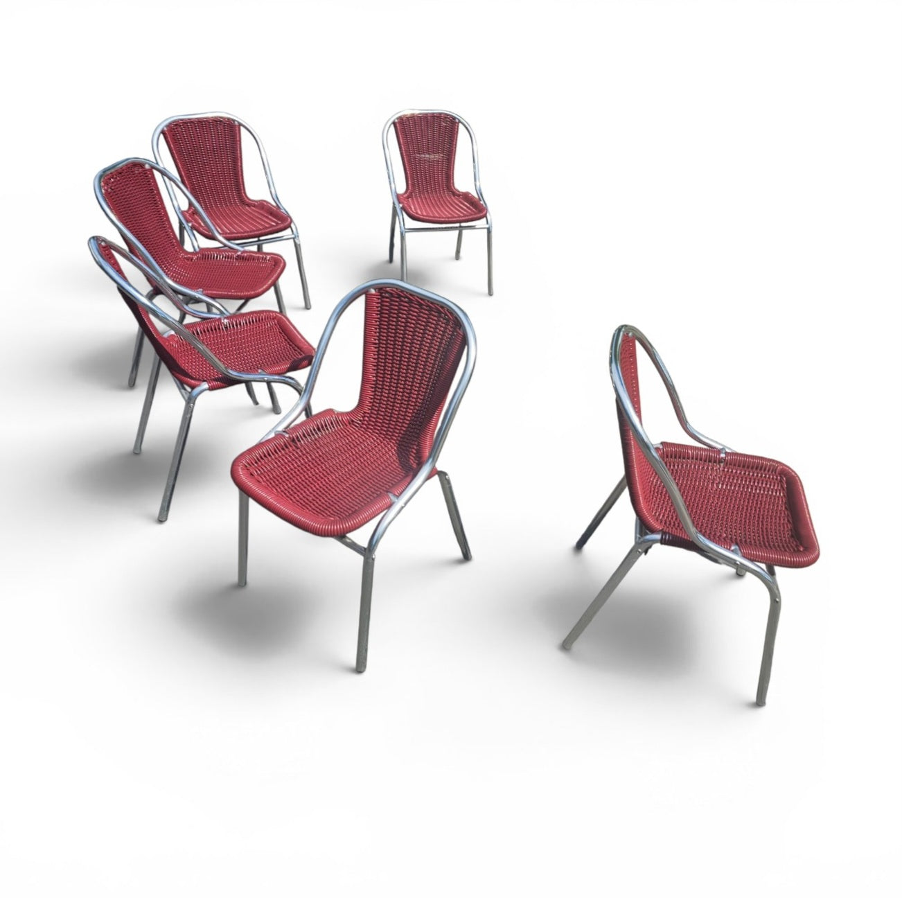 6 x red aluminum inside / outsite chair featuring synthetic weave (wicker/rattan look) 1980s