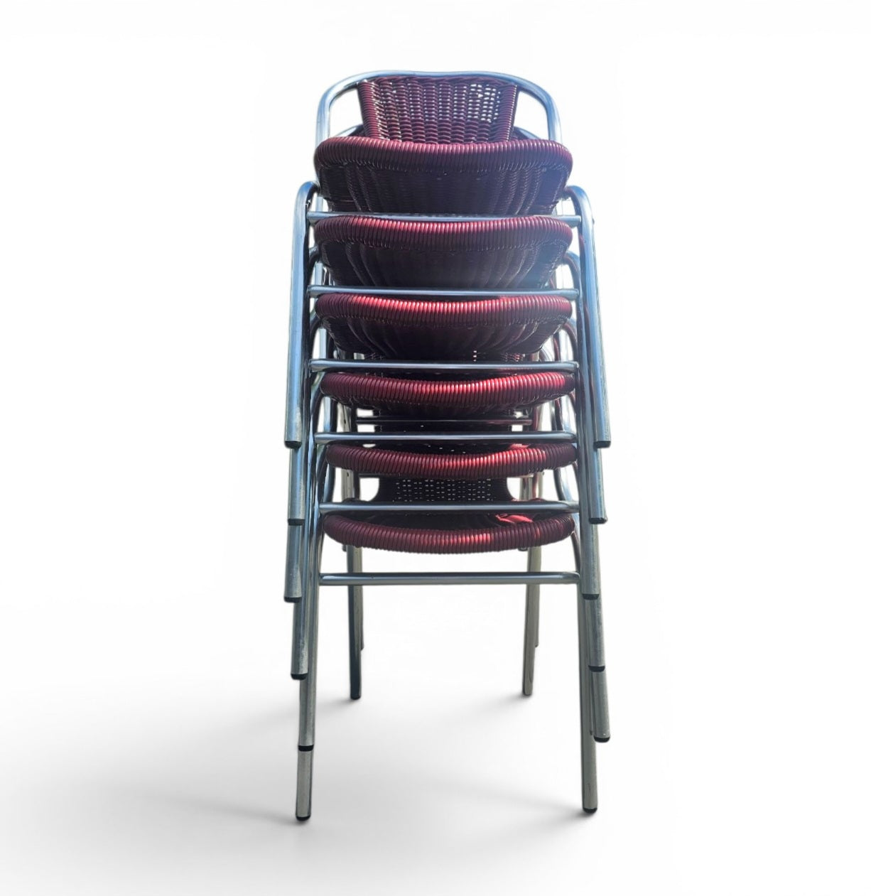 6 x red aluminum inside / outsite chair featuring synthetic weave (wicker/rattan look) 1980s
