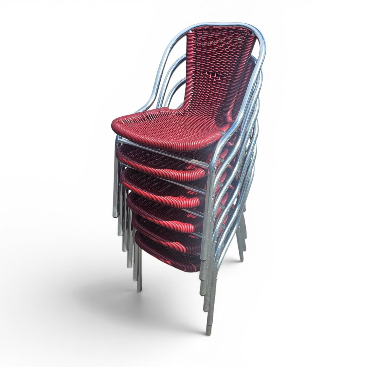 6 x red aluminum inside / outsite chair featuring synthetic weave (wicker/rattan look) 1980s