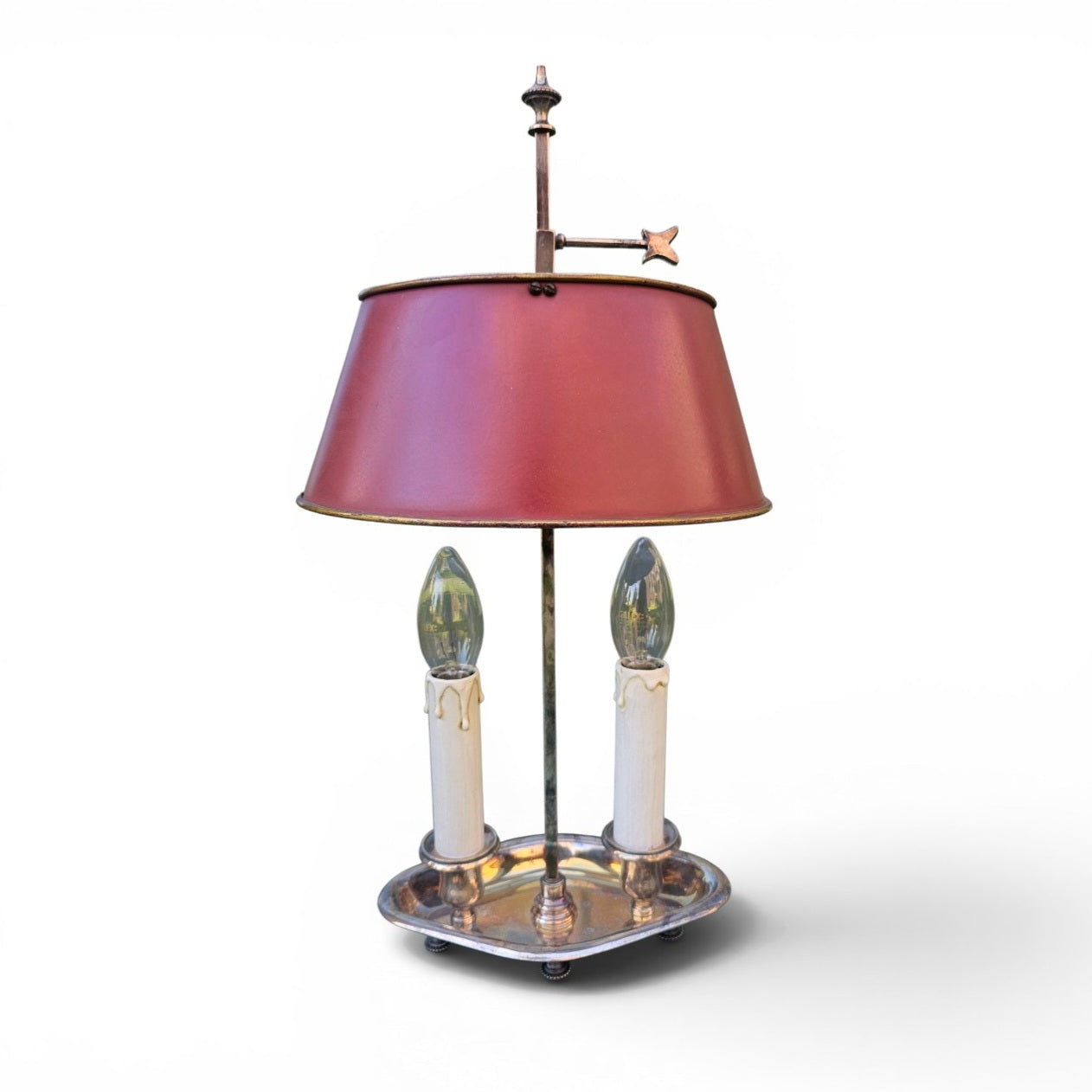 Nickel-plated Bouillotte lamp with 2 candle holders and red tin shade / mid century