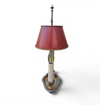 Nickel-plated Bouillotte lamp with 2 candle holders and red tin shade / mid century