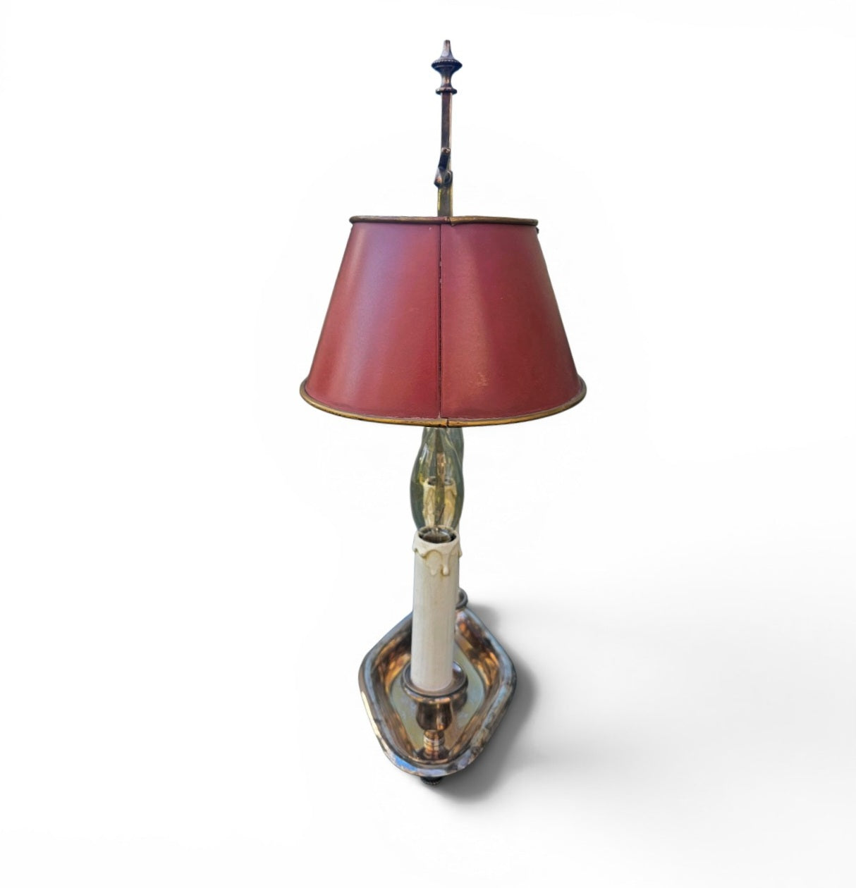 Nickel-plated Bouillotte lamp with 2 candle holders and red tin shade / mid century