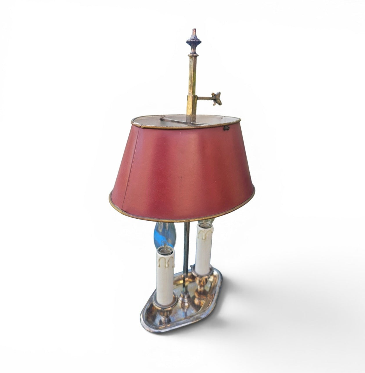 Nickel-plated Bouillotte lamp with 2 candle holders and red tin shade / mid century