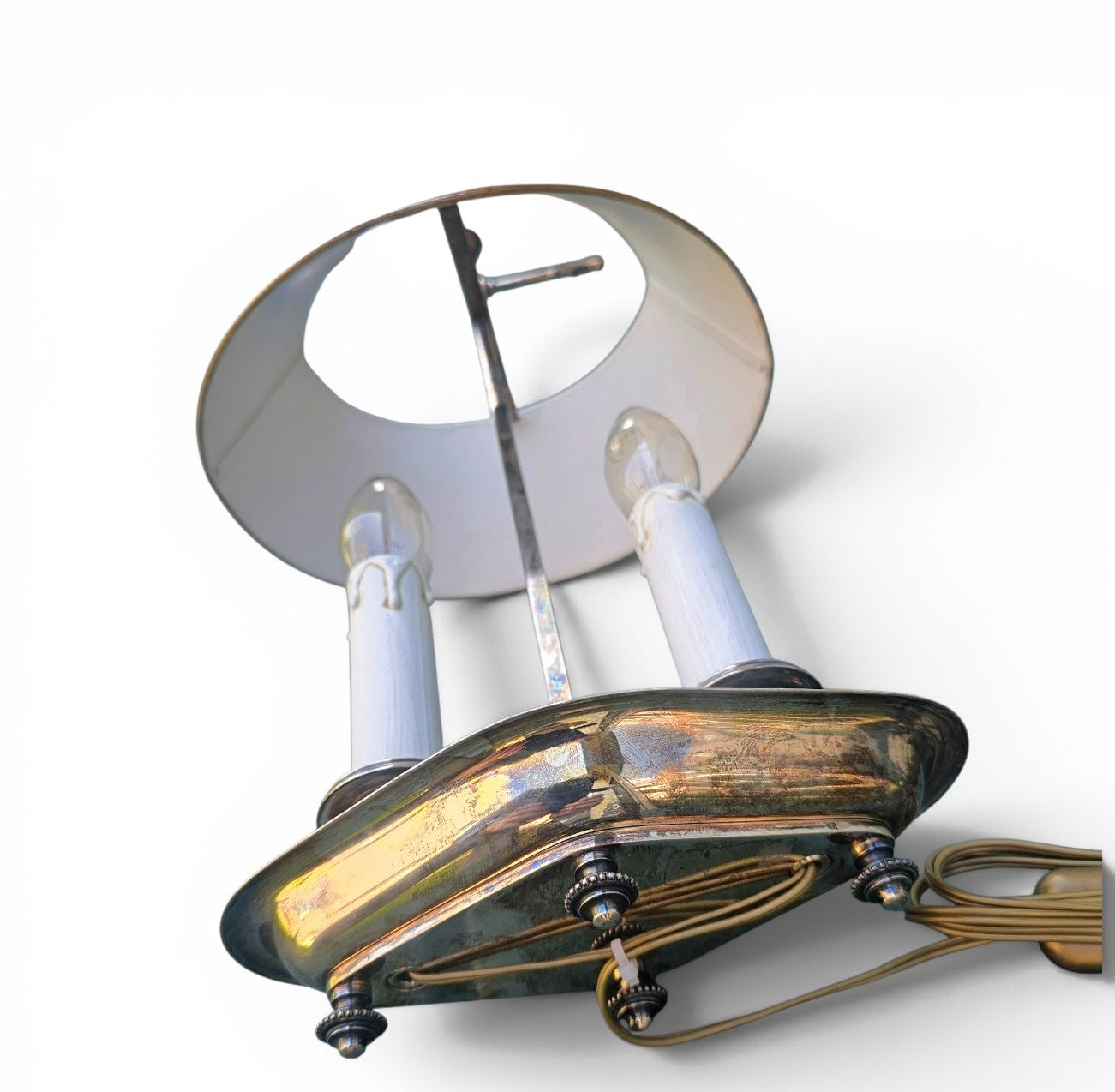 Nickel-plated Bouillotte lamp with 2 candle holders and red tin shade / mid century