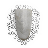 Wrought iron pocket wall sconces featuring a frosted amber glass / metal frame