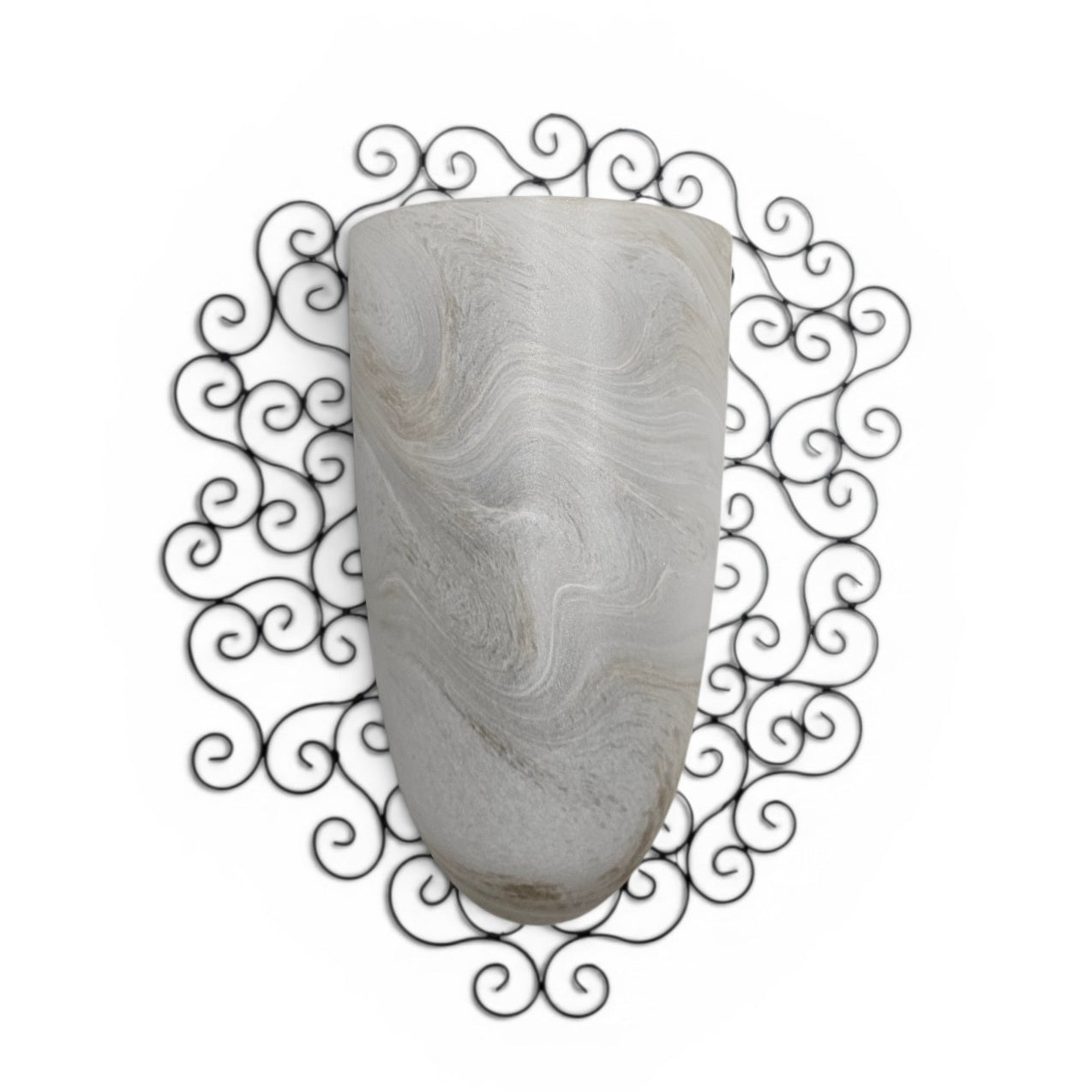 Wrought iron pocket wall sconces featuring a frosted amber glass / metal frame