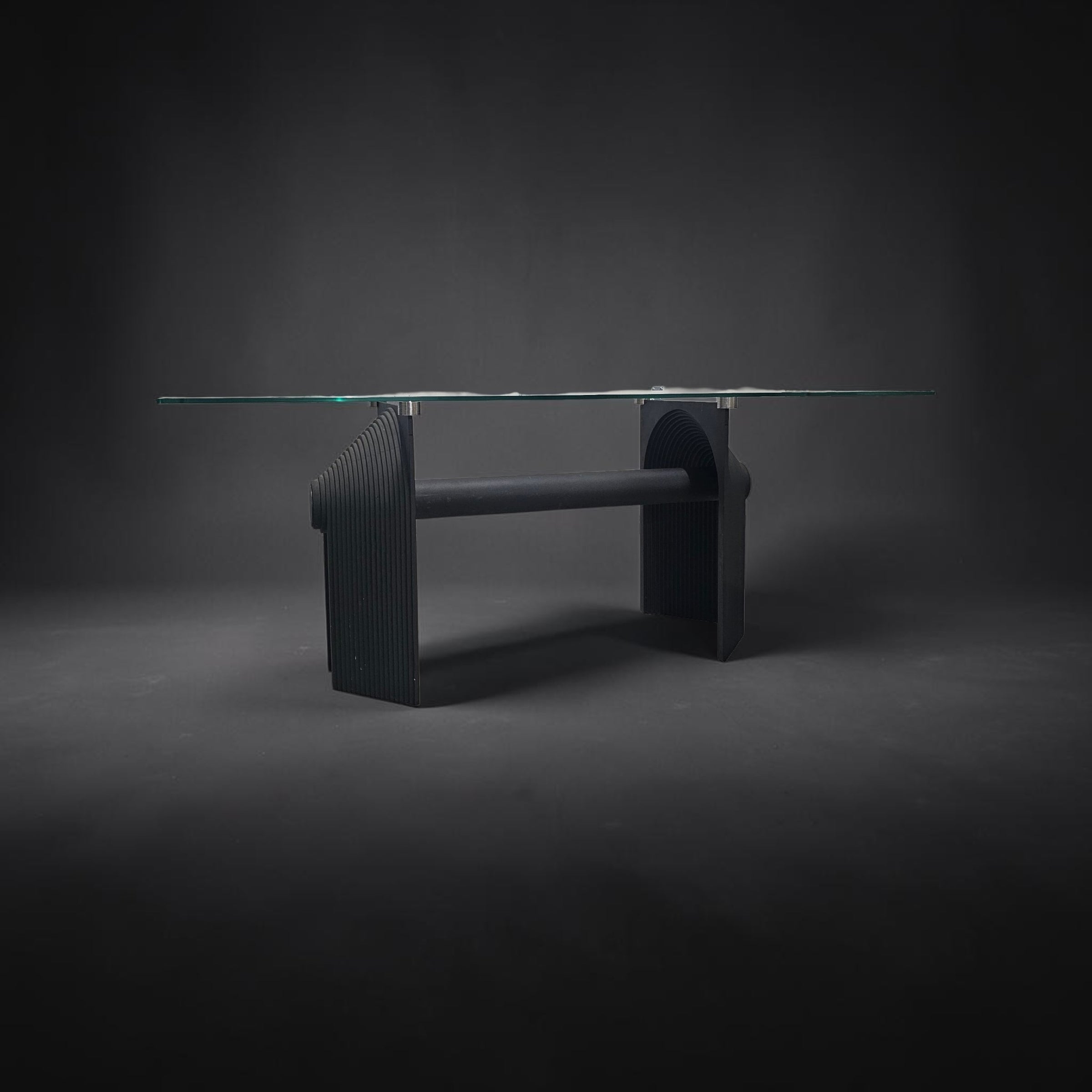Post Modern cast iron black dining table or desk with glass top / 1980s