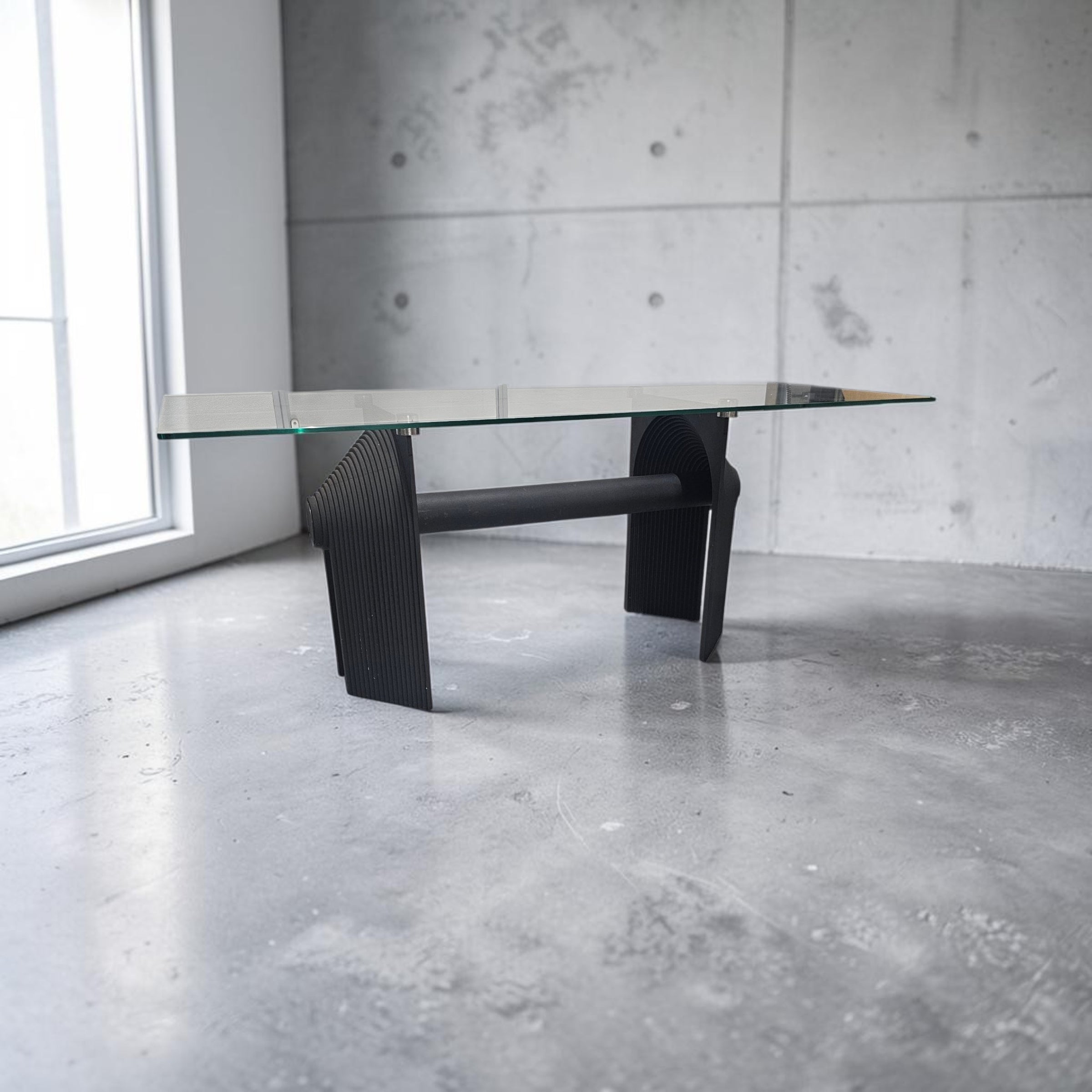 Post Modern cast iron black dining table or desk with glass top / 1980s