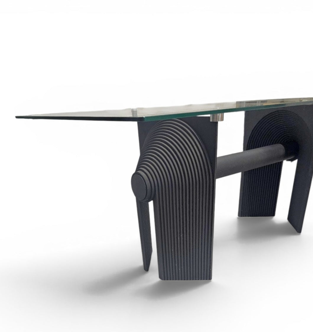 Post Modern cast iron black dining table or desk with glass top / 1980s