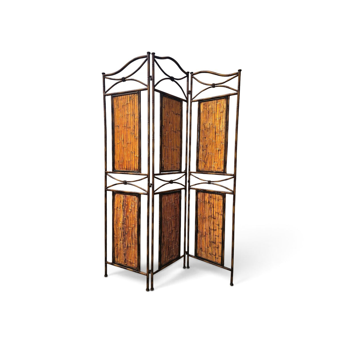 Faux bamboo metal room divider with bamboo panels / 1980s