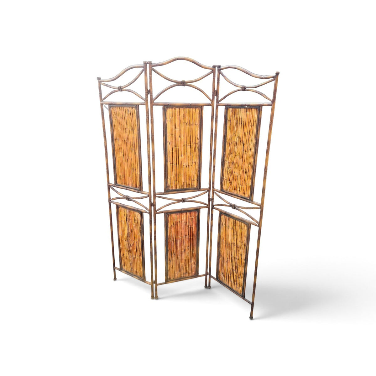 Faux bamboo metal room divider with bamboo panels / 1980s