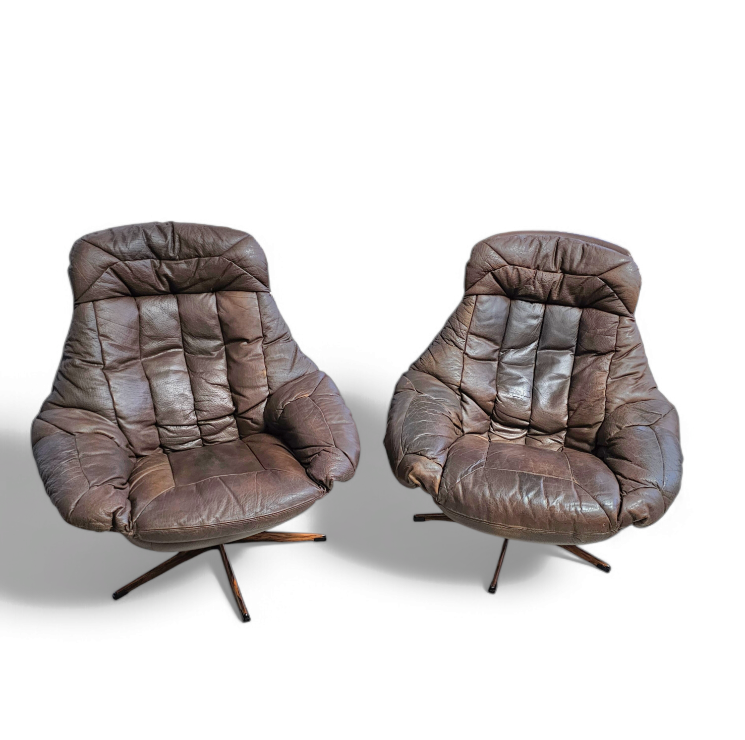 Danish Leather Swivel Lounge Chairs by H.W. Klein for Bramin, 1960s