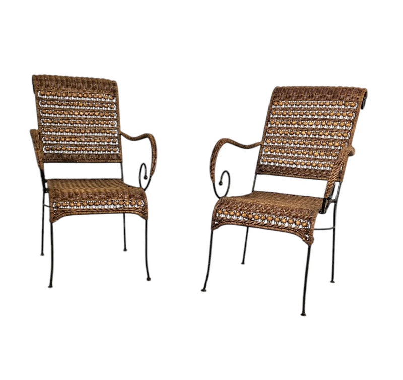 2 x wrought iron / rattan arm chairs 1970s