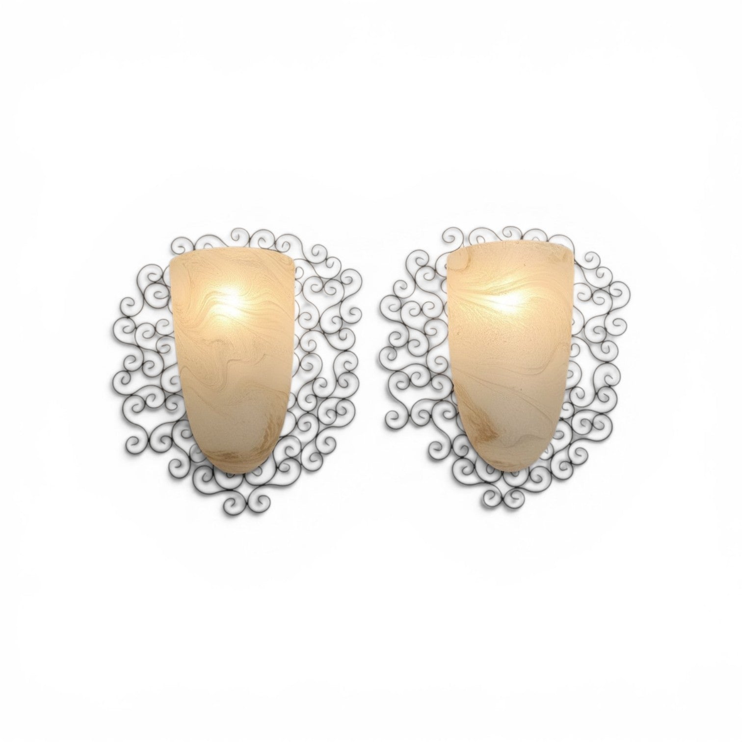 Wrought iron pocket wall sconces featuring a frosted amber glass / metal frame