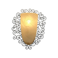 Wrought iron pocket wall sconces featuring a frosted amber glass / metal frame