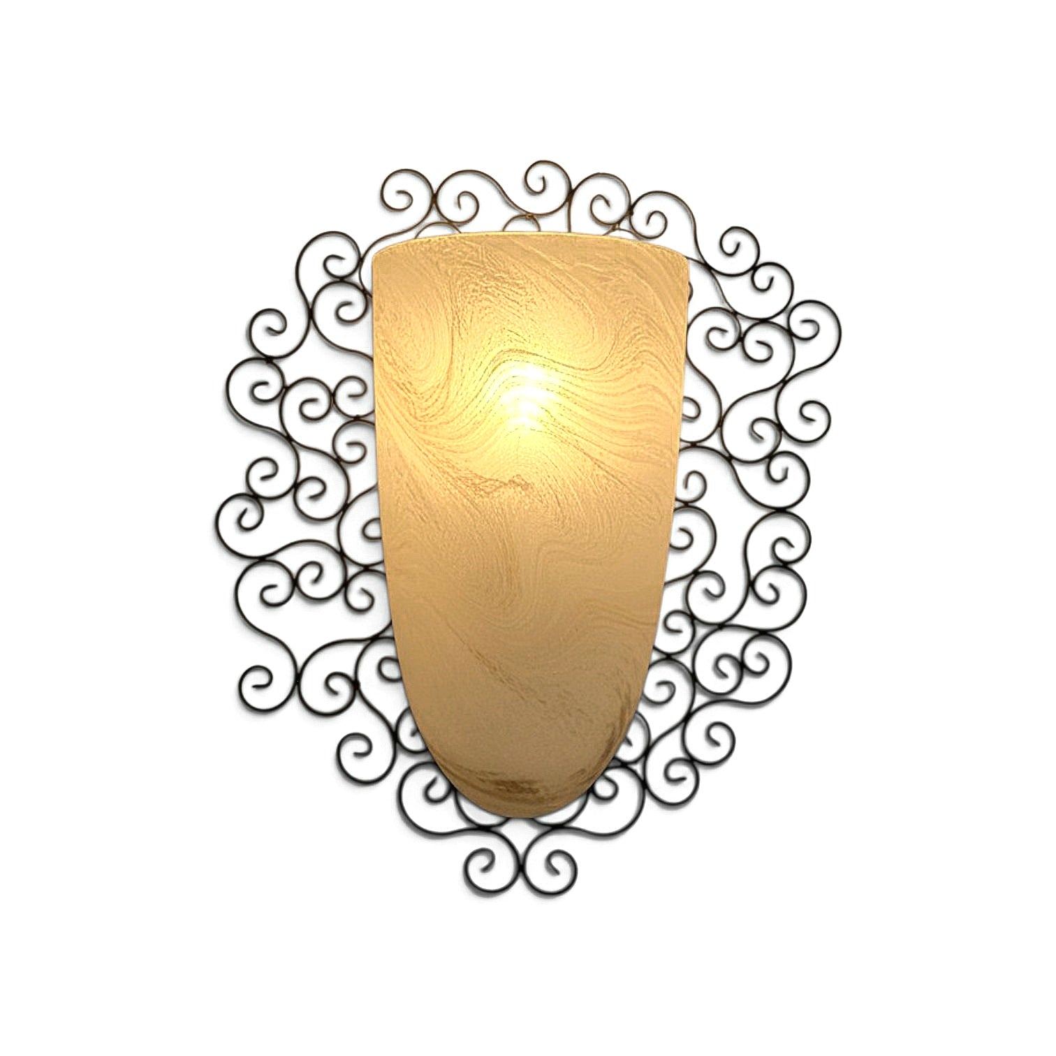 Wrought iron pocket wall sconces featuring a frosted amber glass / metal frame