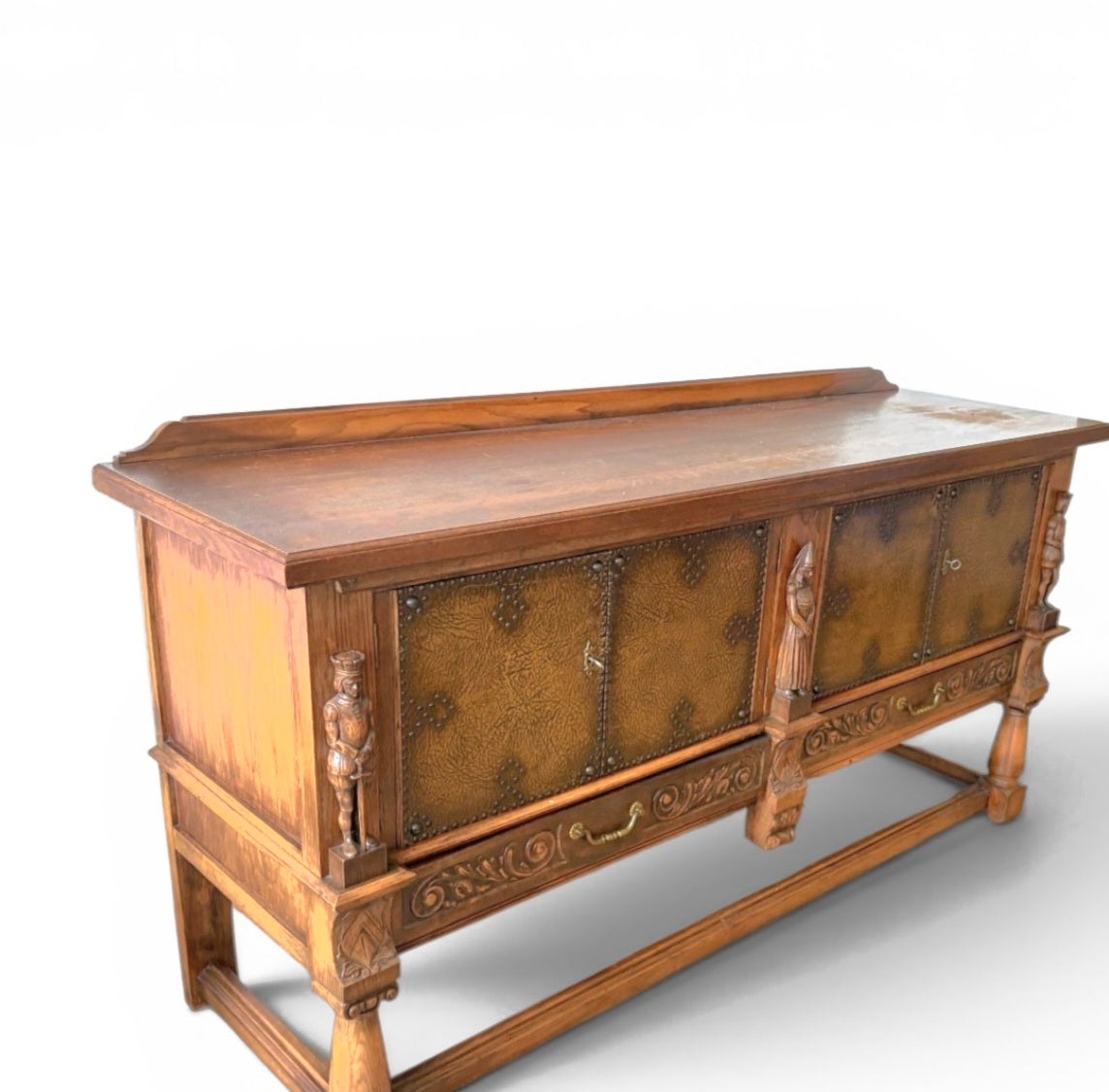 Mechelen Spanish sculptured sideboard / leather covered panels with decorated nails / 1960s
