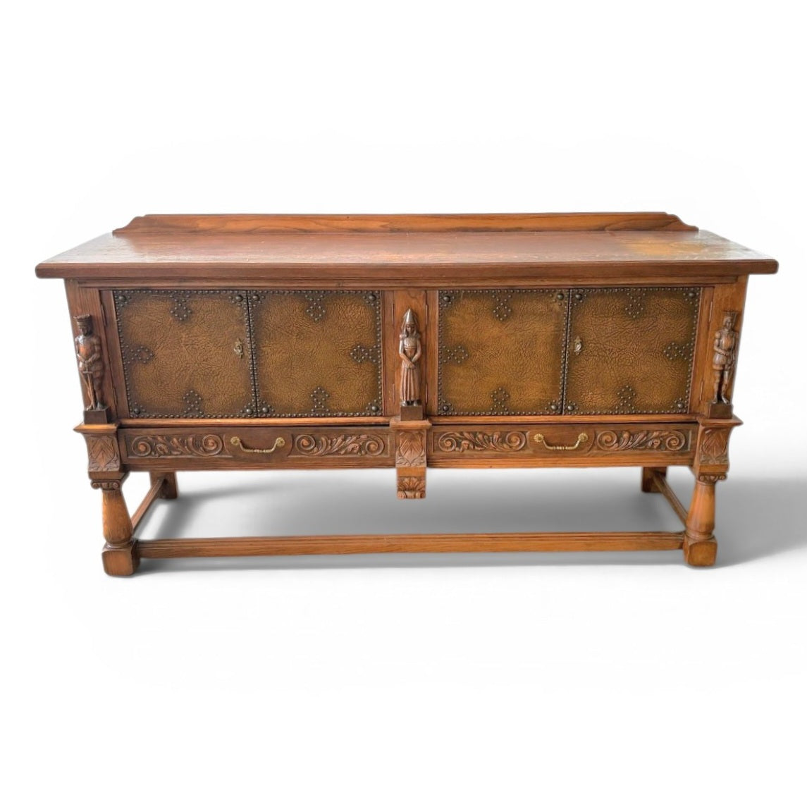 Mechelen Spanish sculptured sideboard / leather covered panels with decorated nails / 1960s