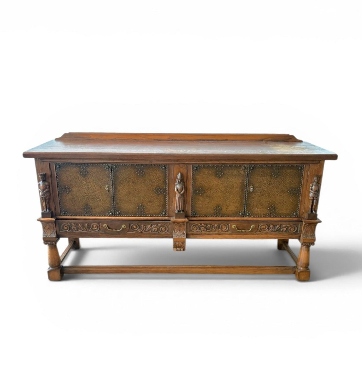 Mechelen Spanish sculptured sideboard / leather covered panels with decorated nails / 1960s