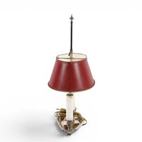 Nickel-plated Bouillotte lamp with 2 candle holders and red tin shade / mid century
