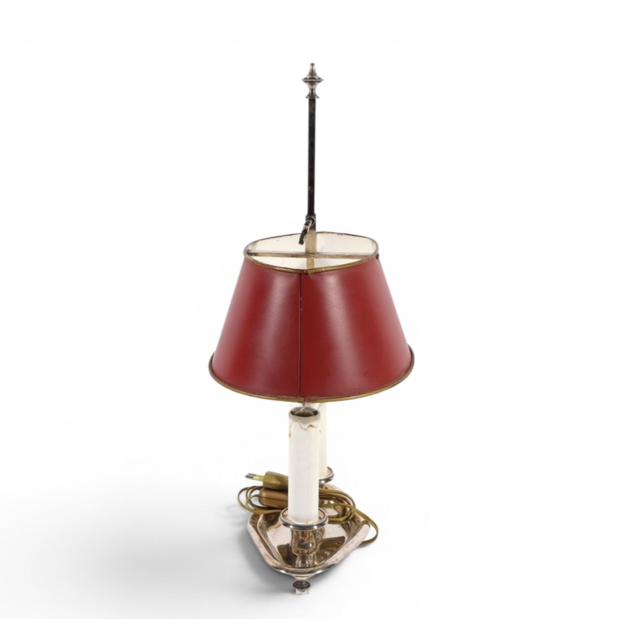 Nickel-plated Bouillotte lamp with 2 candle holders and red tin shade / mid century
