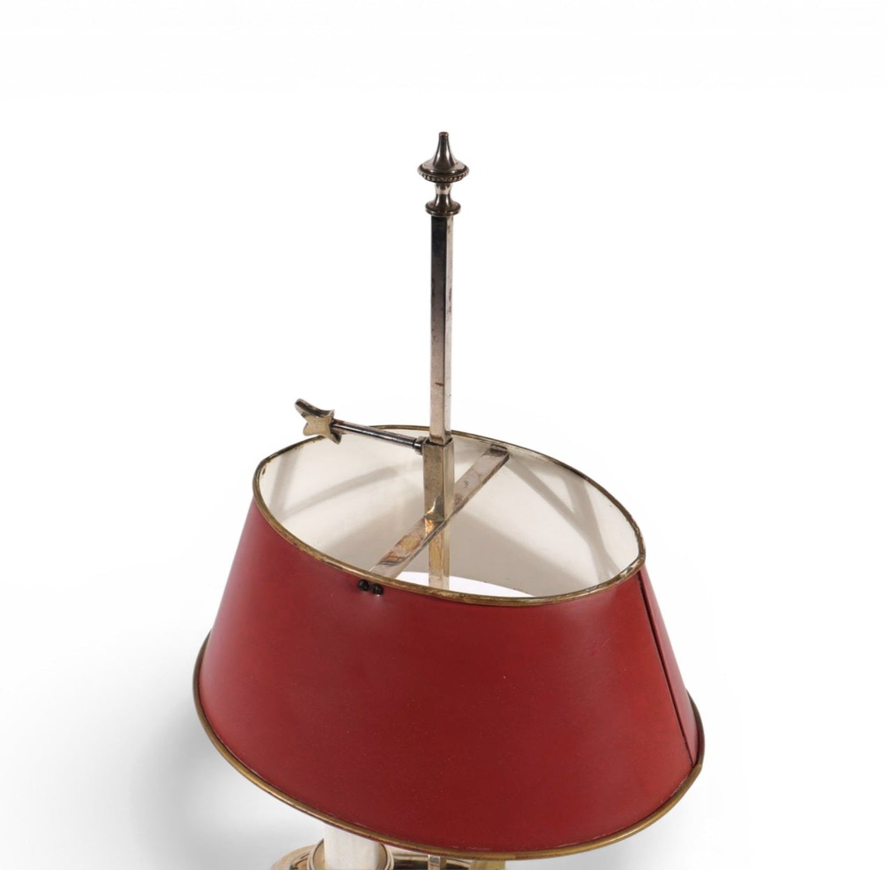 Nickel-plated Bouillotte lamp with 2 candle holders and red tin shade / mid century