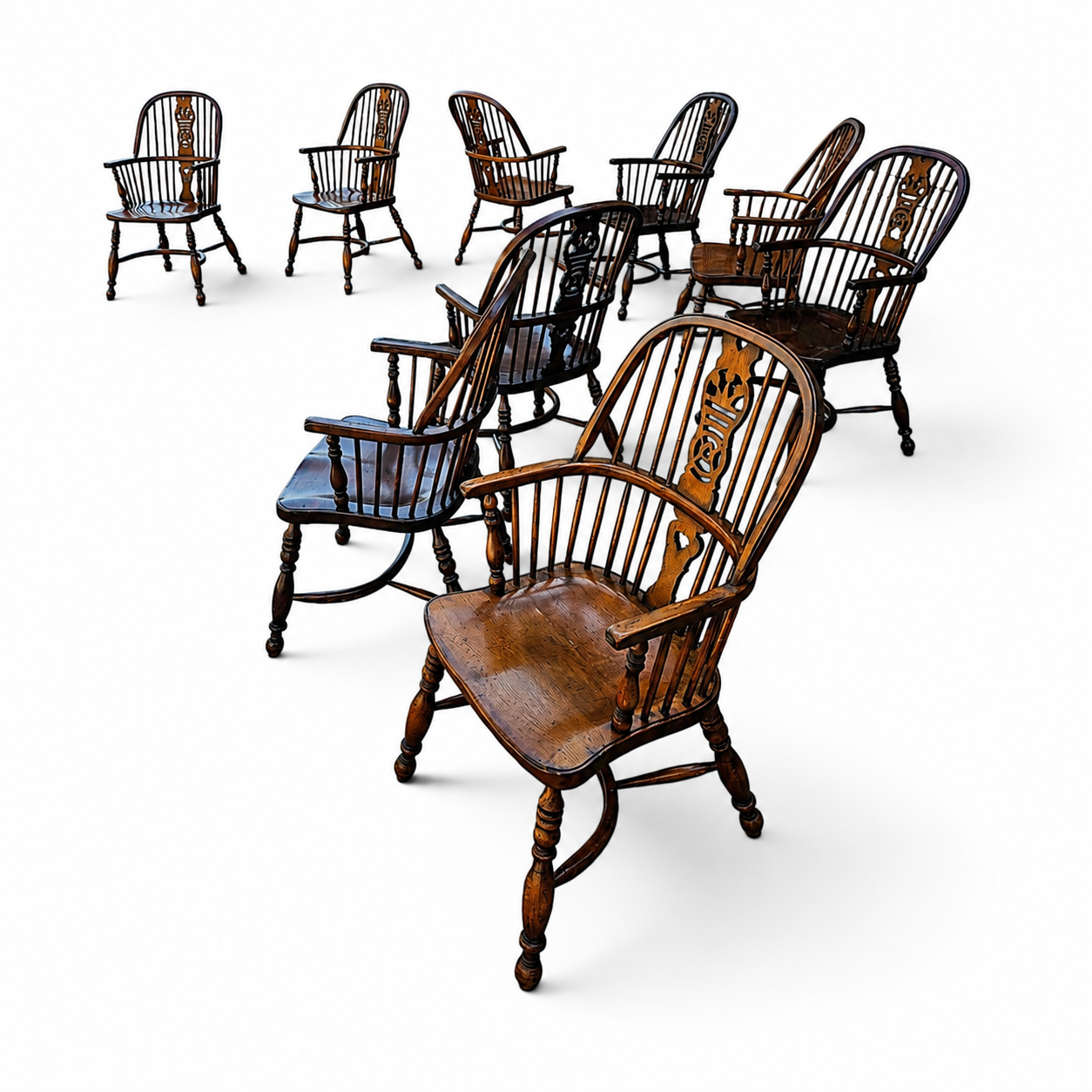 9 x RAC / Royal Antique Collection / Oak wheelback Windsor armchairs / 1980s