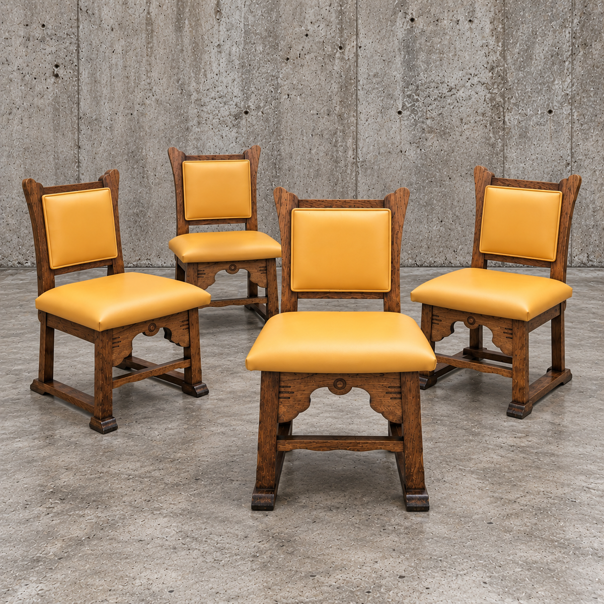4 x oak brutalist dining chairs / side chairs / leather / 1960s