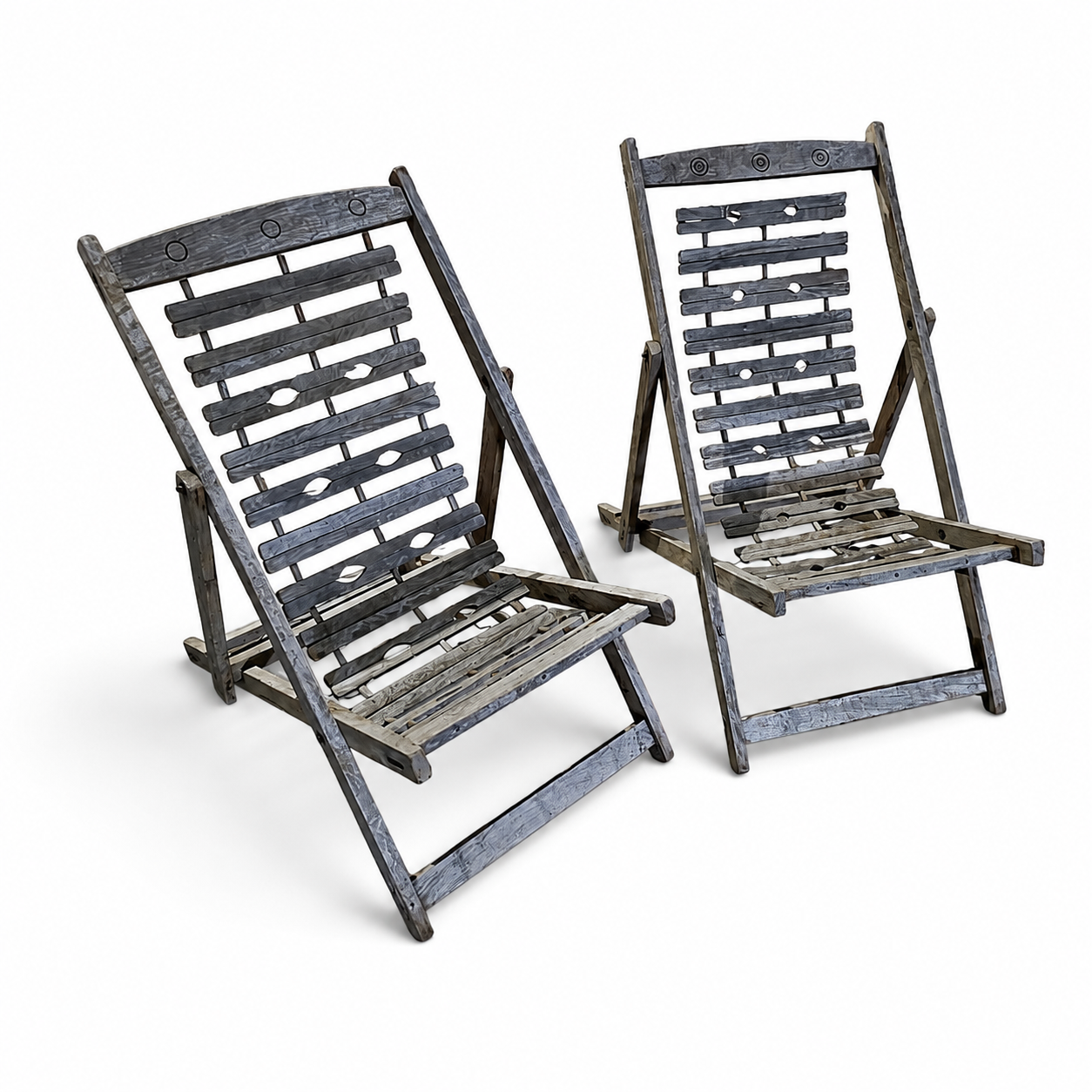 2 x  weighty solid foldable wooden colonial deckchair / deck chair / 1960s