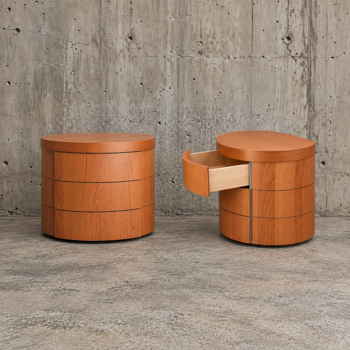 2 x cherry wood night stands / bedsite tables / 3 drawers / 1990s