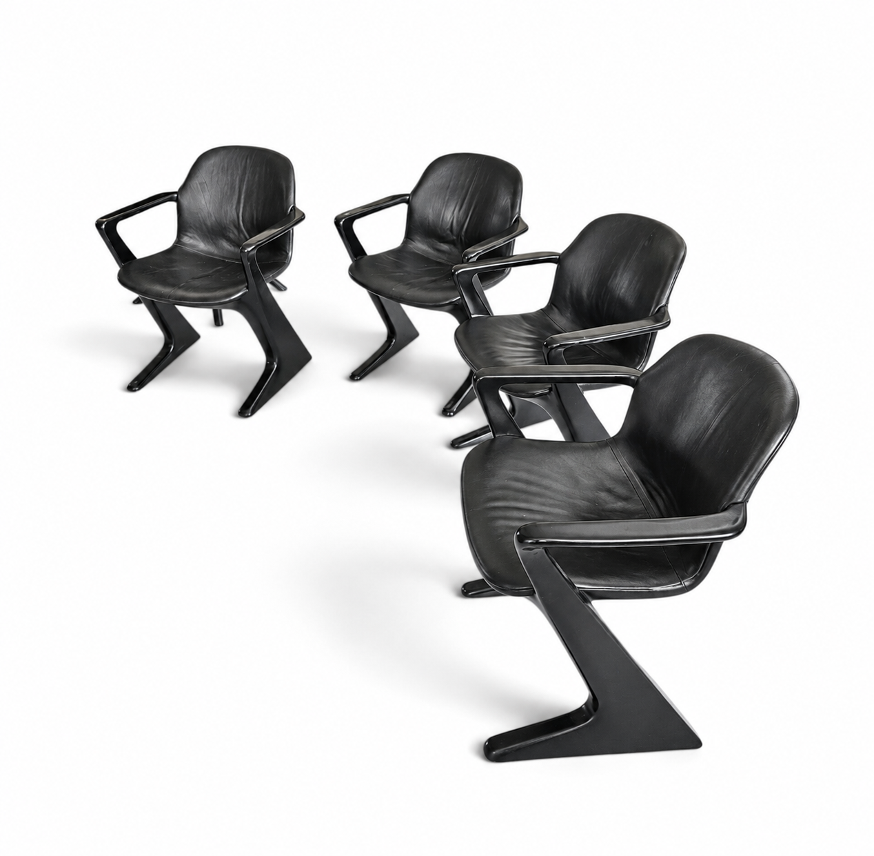 4 x Kangaroo Z-chair / Ernst Moeckl for Horn Collection 1960s / Black leather upholstery / Ernst Moeckl / Horn Collection