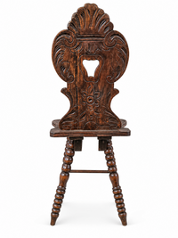Swiss Alpine Hall / Side chair / Fratzenstuhl / Hardwood chair on turned legs and a carved backrest in the form of a mask / 1930s