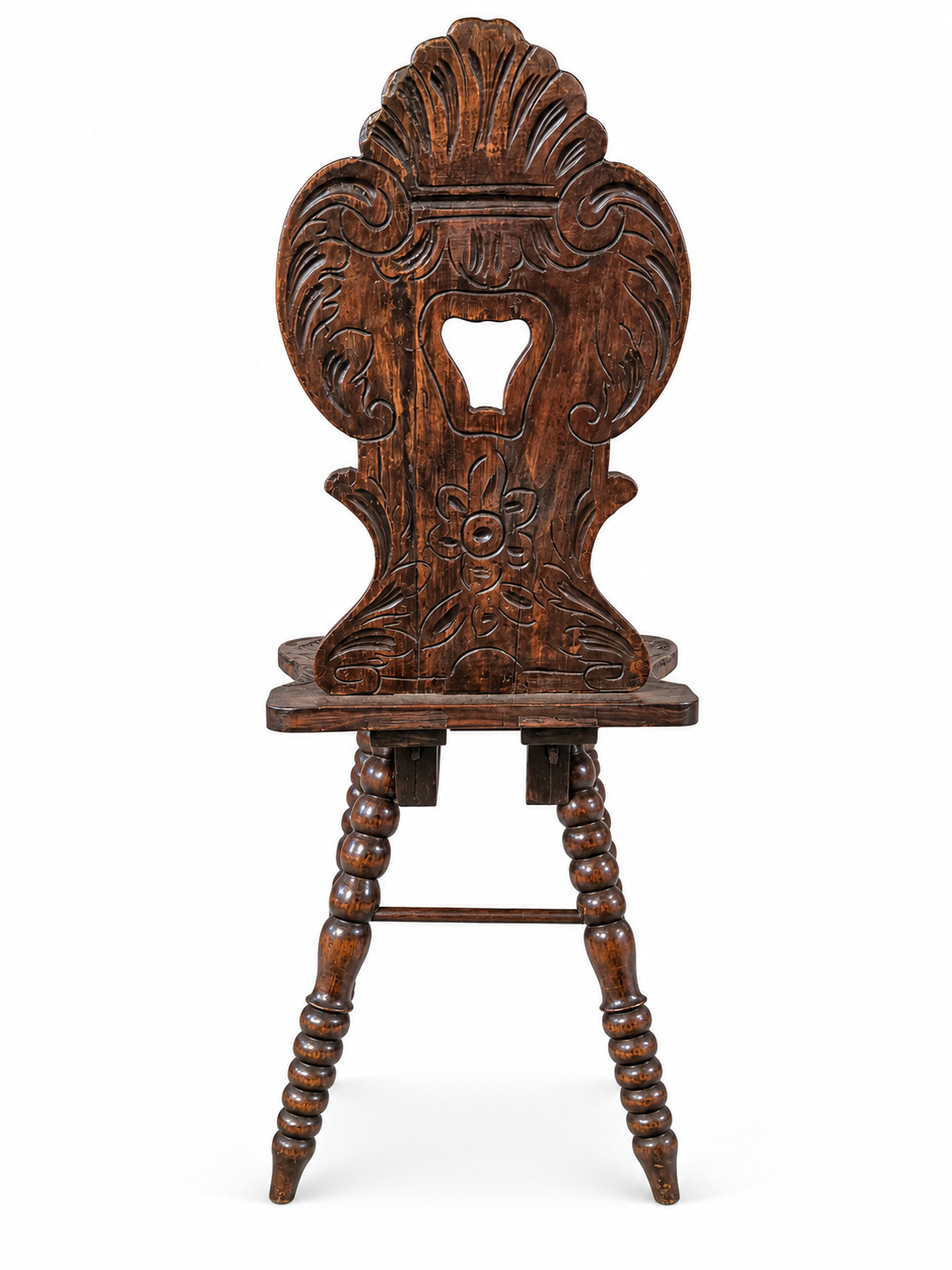 Swiss Alpine Hall / Side chair / Fratzenstuhl / Hardwood chair on turned legs and a carved backrest in the form of a mask / 1930s