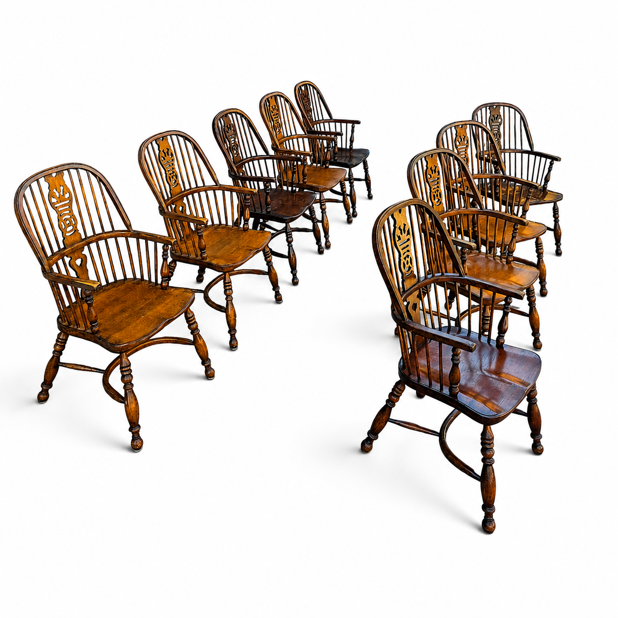 9 x RAC / Royal Antique Collection / Oak wheelback Windsor armchairs / 1980s