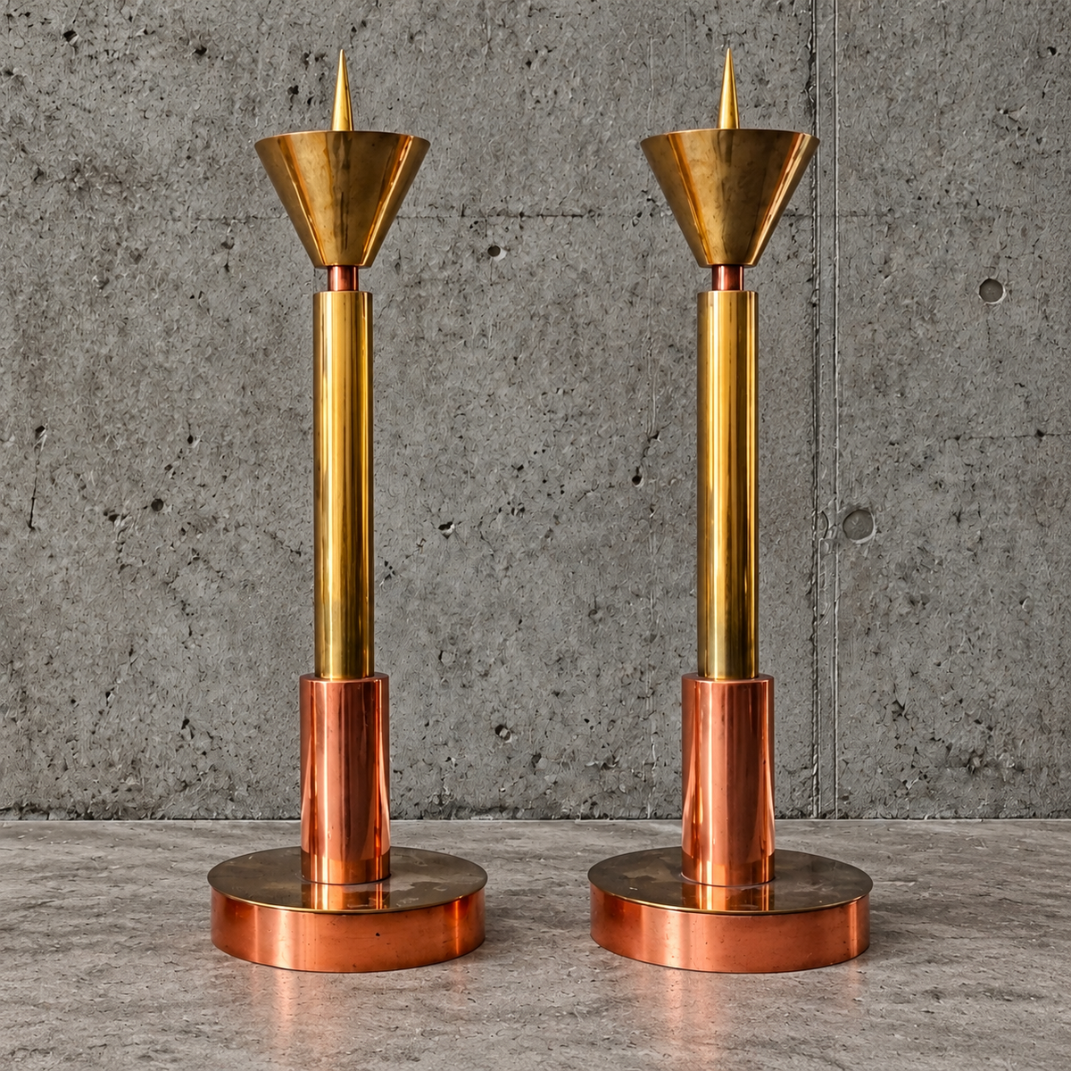 4 x Large / weighty postmodern candles / 1970s / two heights 60 - 70 cm / copper - brass