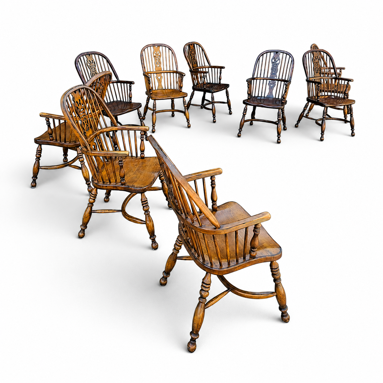 9 x RAC / Royal Antique Collection / Oak wheelback Windsor armchairs / 1980s