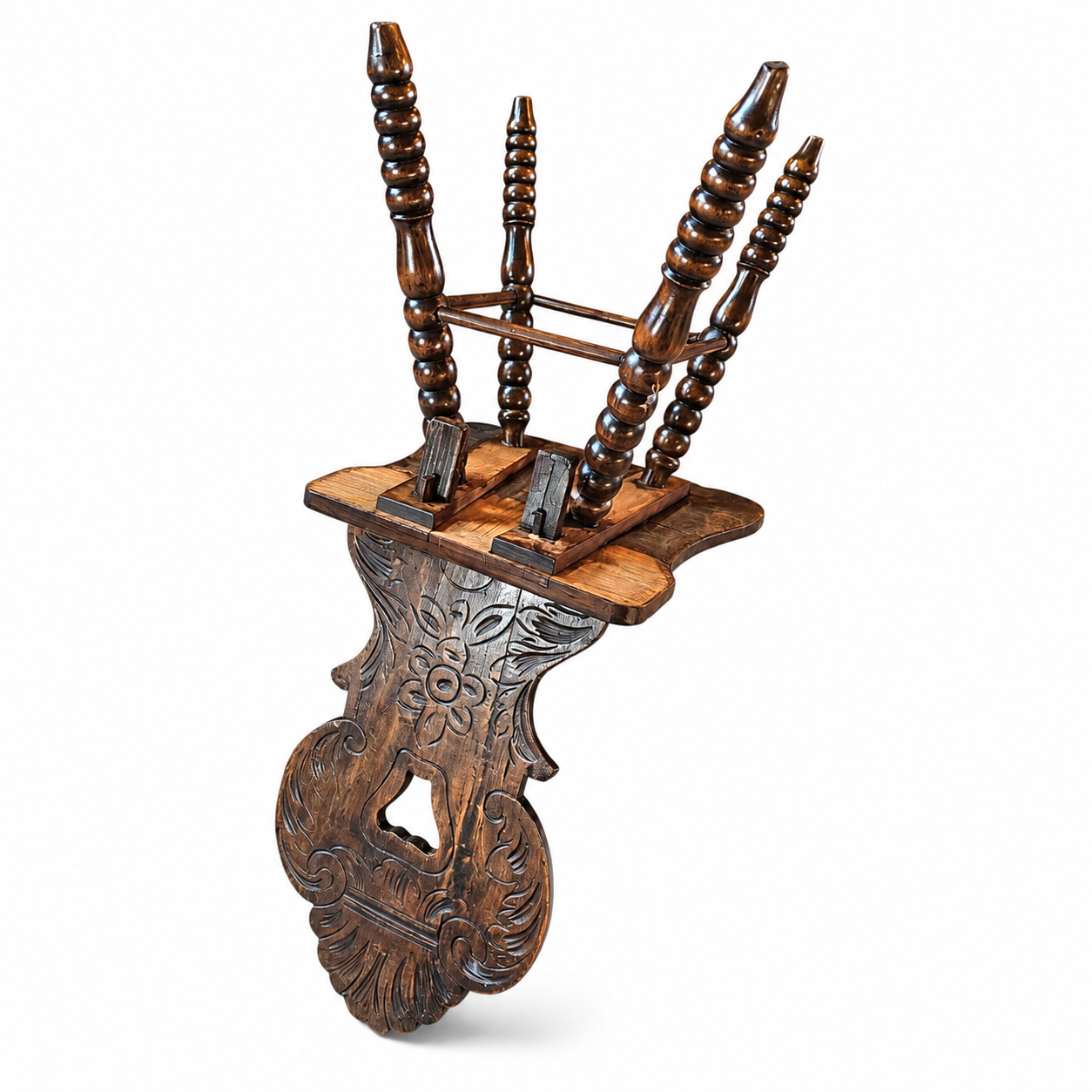Swiss Alpine Hall / Side chair / Fratzenstuhl / Hardwood chair on turned legs and a carved backrest in the form of a mask / 1930s