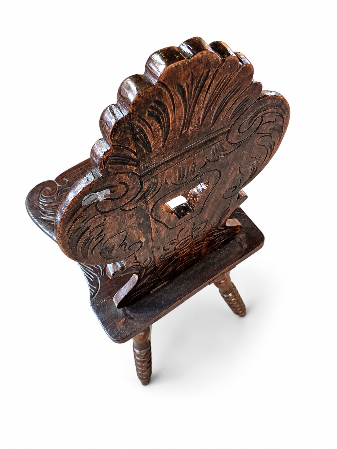 Swiss Alpine Hall / Side chair / Fratzenstuhl / Hardwood chair on turned legs and a carved backrest in the form of a mask / 1930s