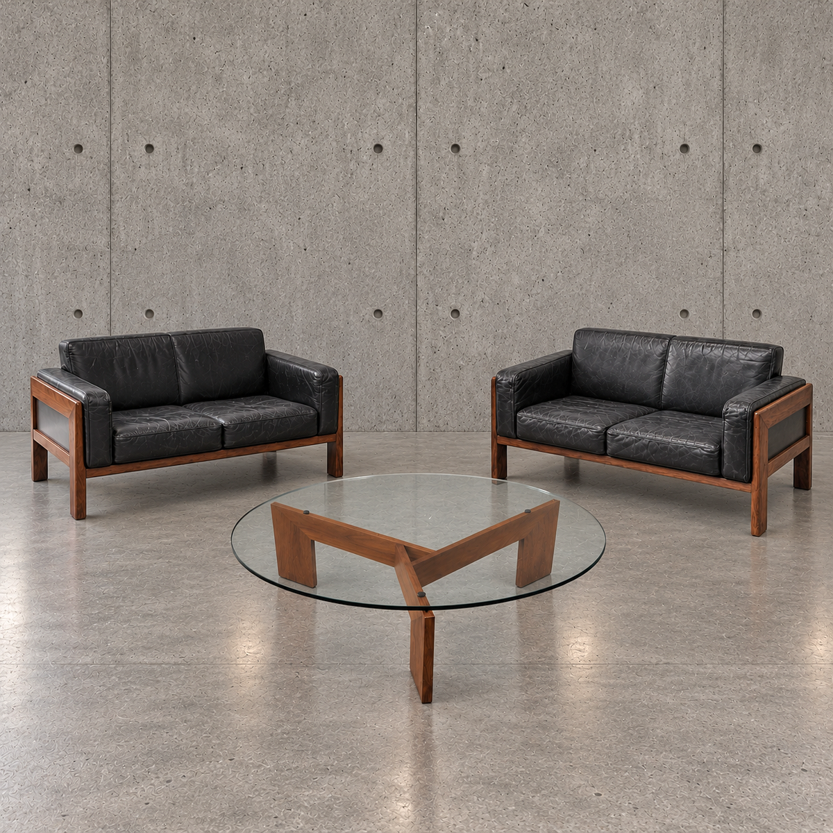 2 x very rare first edition Italian mid-century rosewood black leather sofa Bastiano by Afra Tobia Scarpa / Knoll / Gavina / 1950s