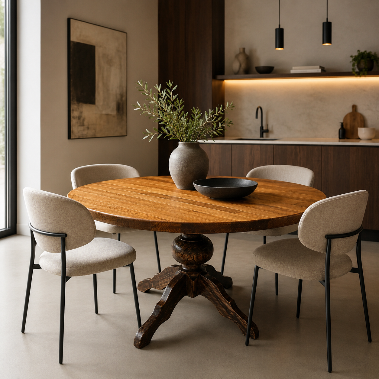 solid oak dining table / also known as a monastery table / with a sturdy central pedestal / Its heavy-duty construction