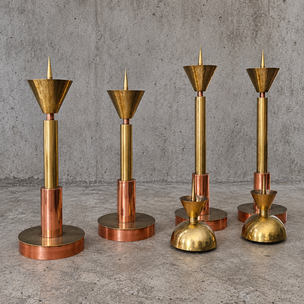 4 x Large / weighty postmodern candles / 1970s / two heights 60 - 70 cm / copper - brass