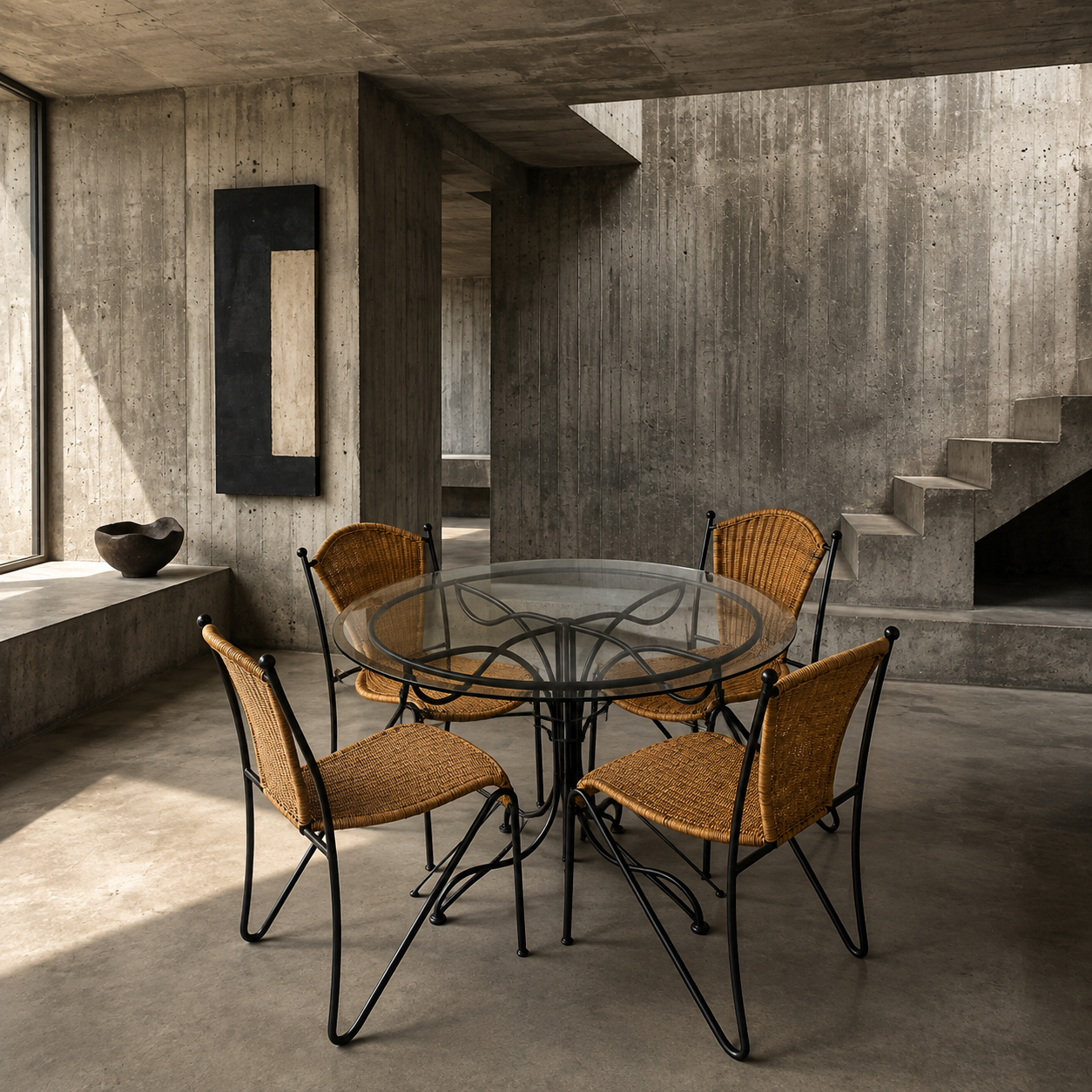 Wrought iron Frédéric Weinberg dining set with glass top / 1970s