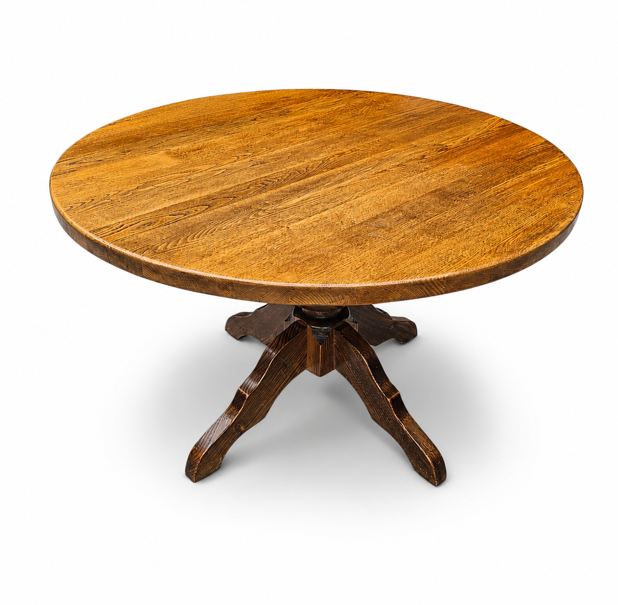 solid oak dining table / also known as a monastery table / with a sturdy central pedestal / Its heavy-duty construction