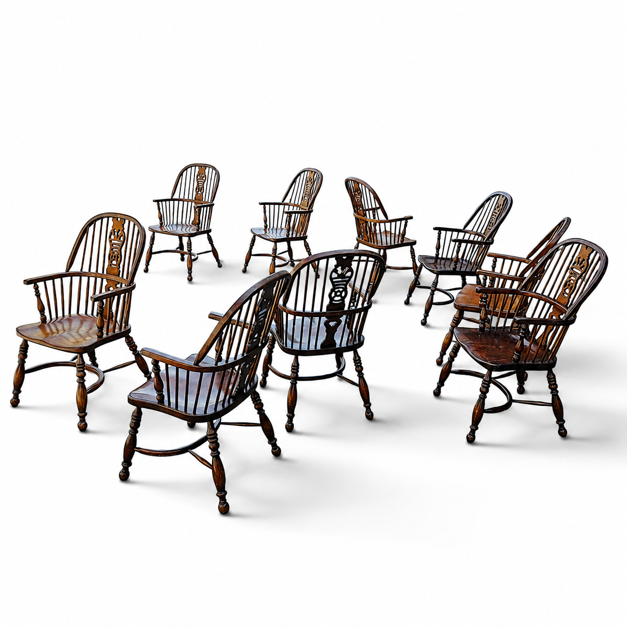 9 x RAC / Royal Antique Collection / Oak wheelback Windsor armchairs / 1980s