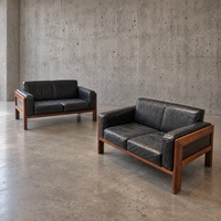 2 x very rare first edition Italian mid-century rosewood black leather sofa Bastiano by Afra Tobia Scarpa / Knoll / Gavina / 1950s