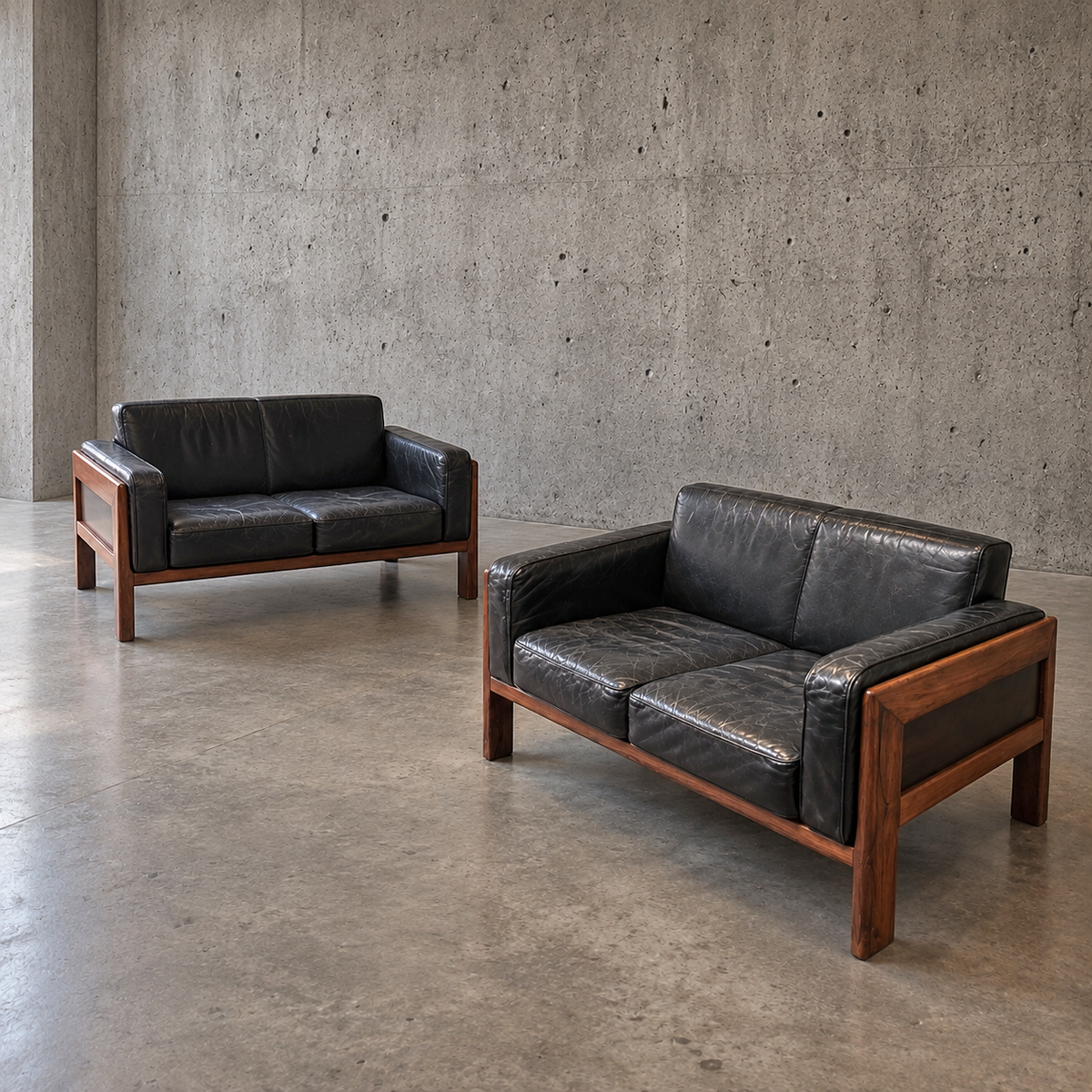 2 x very rare first edition Italian mid-century rosewood black leather sofa Bastiano by Afra Tobia Scarpa / Knoll / Gavina / 1950s